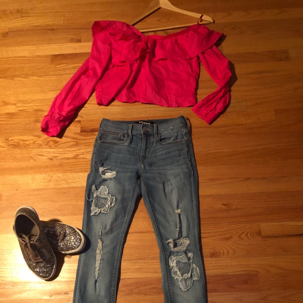 Love, Fire Hot Pink off the shoulder cropped top